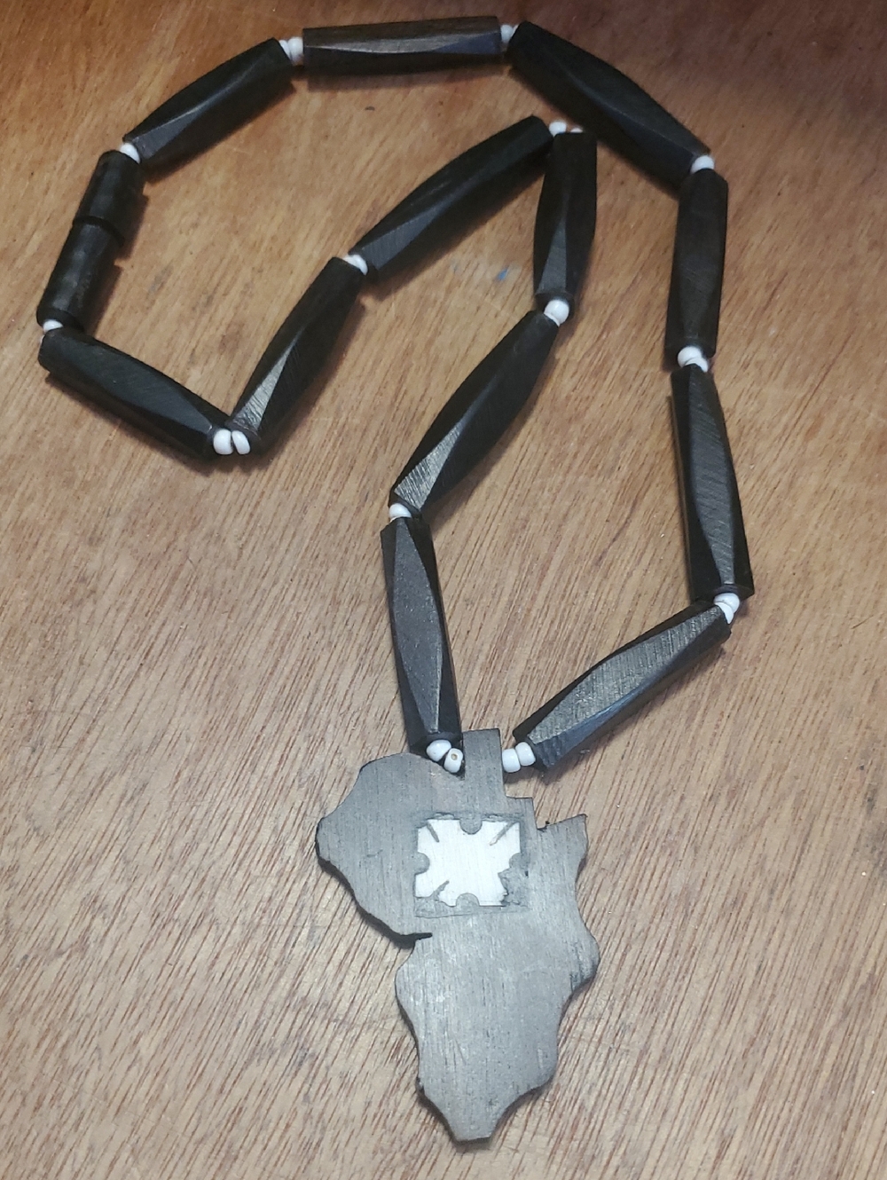 Black Wooden Africa Pendant Necklace with White Bead Accents D